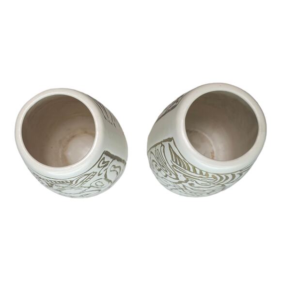 Vintage Mid-Century Mayan Aztec Native Design Vase Pair Cream Gold USA Made - Picture 3 of 16